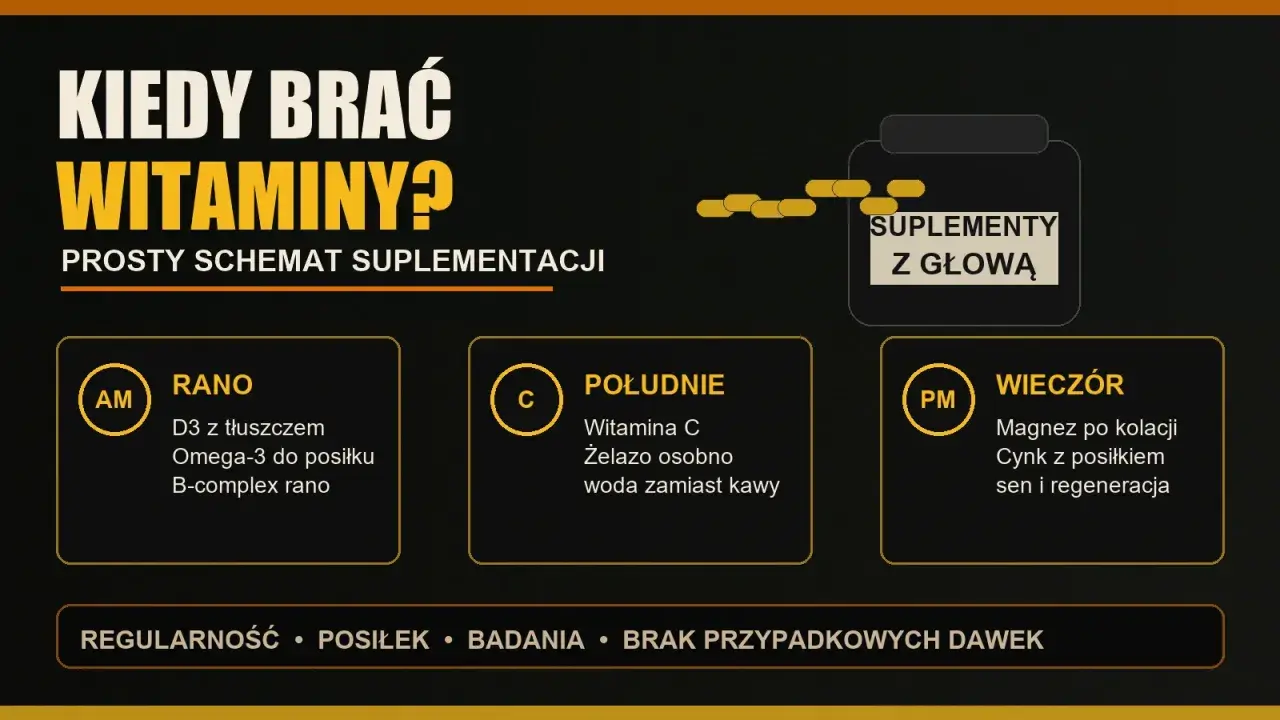 Kiedy brać witaminę D3? Schemat suplementacji: rano D3 z tłuszczem, w południe witamina C, wieczorem magnez.