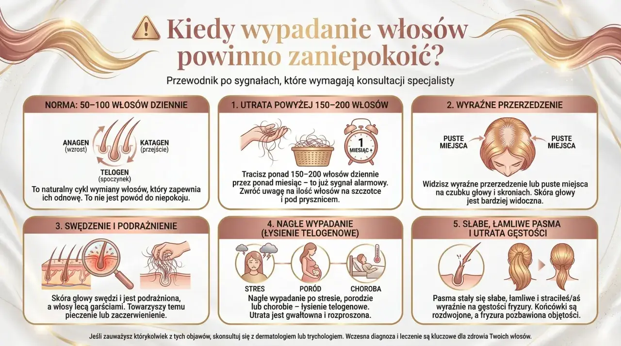 Nadmierne wypadanie włosów, przerzedzenie, swędzenie skóry głowy, łamliwe pasma – to sygnały, od czego wypadają włosy i kiedy warto skonsultować się ze specjalistą.