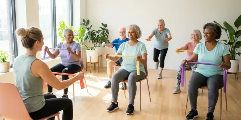 Grupa seniorów ćwiczy z gumami oporowymi, ciesząc się aktywnością w wieku geriatrycznym.