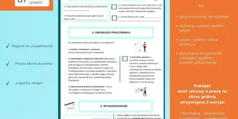 Wzór umowy o pracę z emerytem, wersja graficzna Legal Design. Proste sformułowania i przejrzysta struktura dokumentu.