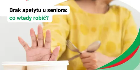 Dłoń odpycha jedzenie, symbolizując wstręt do jedzenia u dorosłych. Senior nie chce jeść.