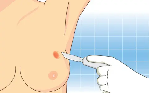 Lekarz w białej rękawiczce wykonuje biopsję VAB podejrzanej zmiany na piersi.