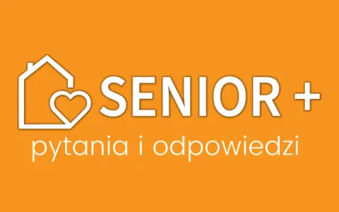 Logo programu Senior Plus: dom z sercem i napis "pytania i odpowiedzi". Dowiedz się, na czym polega program Senior Plus.