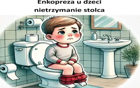 Smutny chłopiec siedzi na toalecie. Obrazek ilustruje problem nietrzymania stolca u dzieci i sugeruje domowe sposoby na jego rozwiązanie.
