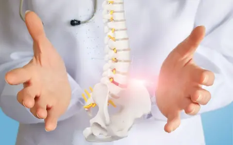 Lekarz prezentuje model kręgosłupa, sugerując proces diagnostyczny lub terapeutyczny, który może pomóc w uzyskaniu grupy inwalidzkiej na kręgosłup.