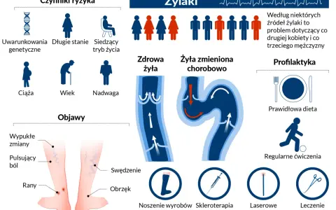 Jak dbać o żyły? Infografika przedstawia czynniki ryzyka żylaków, objawy, zdrową i chorą żyłę, a także profilaktykę: dietę, ćwiczenia, wyroby kompresyjne i metody leczenia.