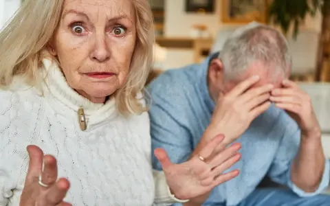 Zmartwiona seniorka gestykuluje, podczas gdy jej partner ukrywa twarz w dłoniach. Może to symbolizować senność i brak apetytu u seniora.