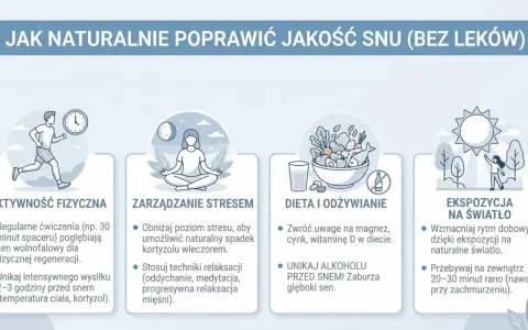 Jak poprawić jakość snu: aktywność fizyczna, zarządzanie stresem, dieta i ekspozycja na światło.