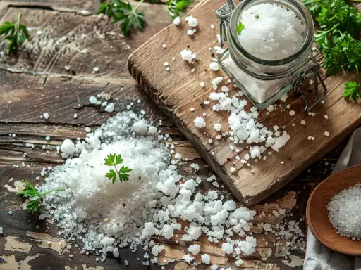 Góra soli na drewnianej desce i łyżce. Uważaj na nadmiar sodu objawy, bo może prowadzić do problemów zdrowotnych.