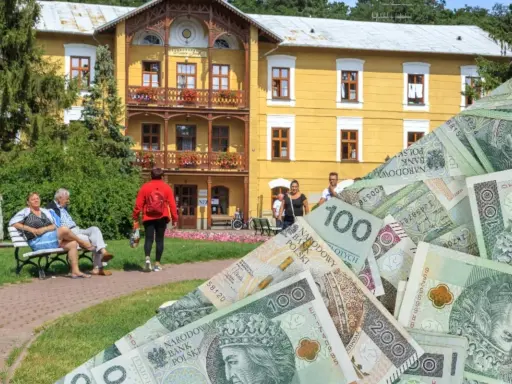 Czy sanatorium poszpitalne jest płatne? Na zdjęciu widać żółty budynek sanatorium i ludzi, a także stos polskich banknotów.