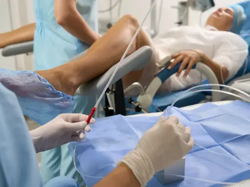 Przygotowanie do zabiegu z użyciem cewnika u kobiety. Personel medyczny w rękawiczkach trzyma narzędzia.