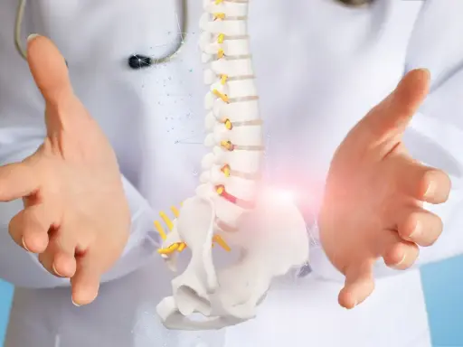 Lekarz prezentuje model kręgosłupa, sugerując proces diagnostyczny lub terapeutyczny, który może pomóc w uzyskaniu grupy inwalidzkiej na kręgosłup.