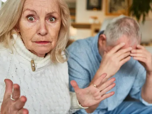Zmartwiona seniorka gestykuluje, podczas gdy jej partner ukrywa twarz w dłoniach. Może to symbolizować senność i brak apetytu u seniora.