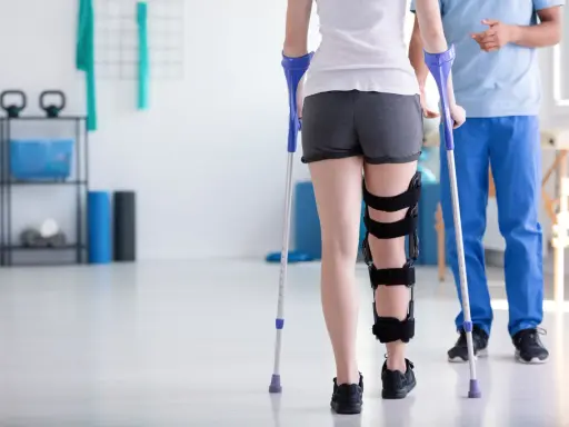 Fizjoterapeuta uczy, jak chodzić o kulach, wspierając pacjentkę z ortezą na nodze w sali rehabilitacyjnej.