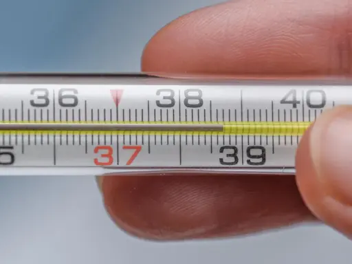 Zbliżenie na termometr rtęciowy, gdzie słupek rtęci wskazuje 37.1 temperatura. Dłoń trzyma termometr.