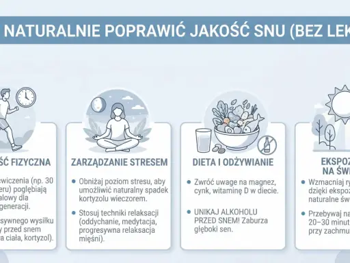 Jak poprawić jakość snu: aktywność fizyczna, zarządzanie stresem, dieta i ekspozycja na światło.