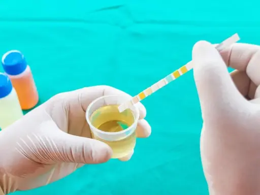 Rękawiczka medyczna zanurza pasek testowy w próbce moczu, szukając oznak cienkich nitek.