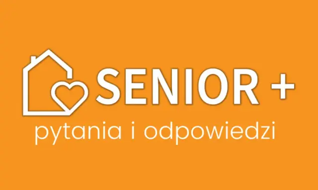 Logo programu Senior Plus: dom z sercem i napis "pytania i odpowiedzi". Dowiedz się, na czym polega program Senior Plus.