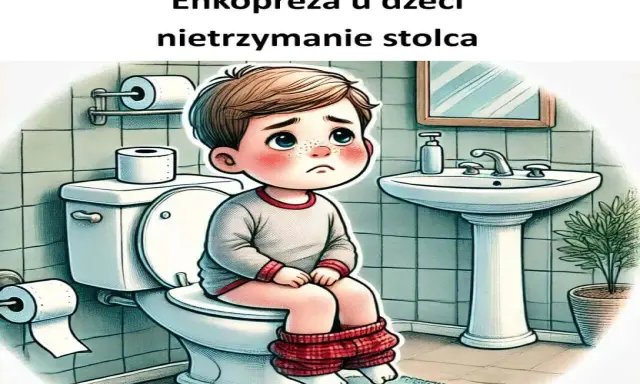 Smutny chłopiec siedzi na toalecie. Obrazek ilustruje problem nietrzymania stolca u dzieci i sugeruje domowe sposoby na jego rozwiązanie.