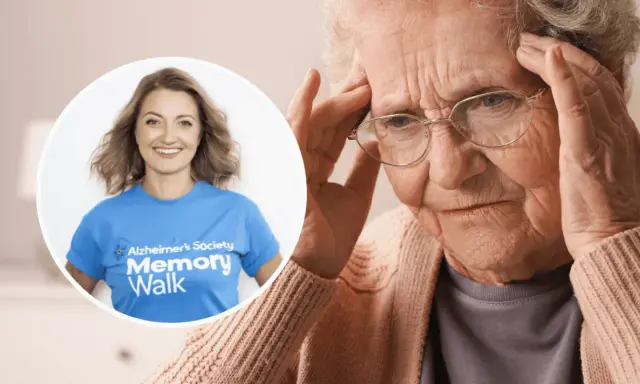 Kobieta z bólem głowy, być może objawy alzheimera. Obok uśmiechnięta wolontariuszka Alzheimer's Society Memory Walk.