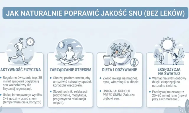Jak poprawić jakość snu: aktywność fizyczna, zarządzanie stresem, dieta i ekspozycja na światło.