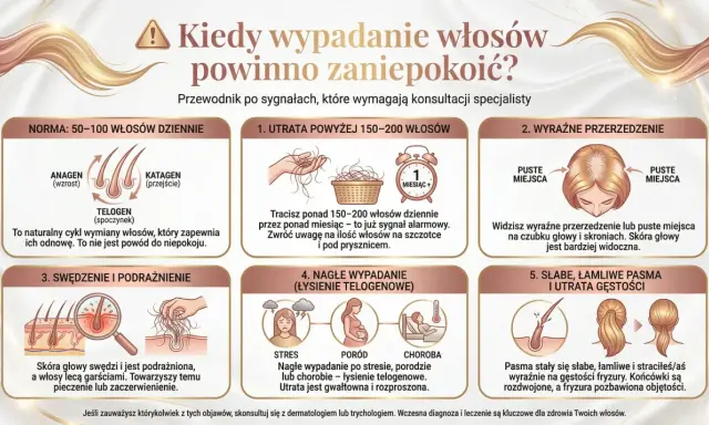 Nadmierne wypadanie włosów, przerzedzenie, swędzenie skóry głowy, łamliwe pasma – to sygnały, od czego wypadają włosy i kiedy warto skonsultować się ze specjalistą.