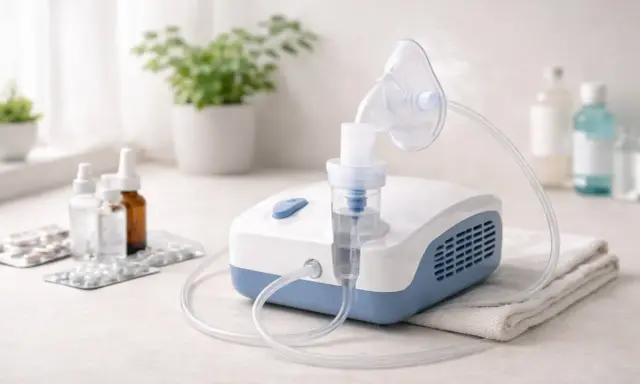 Nebulizator z maską, gotowy do podania leku w formie mgiełki. Na blacie obok leki i buteleczki.