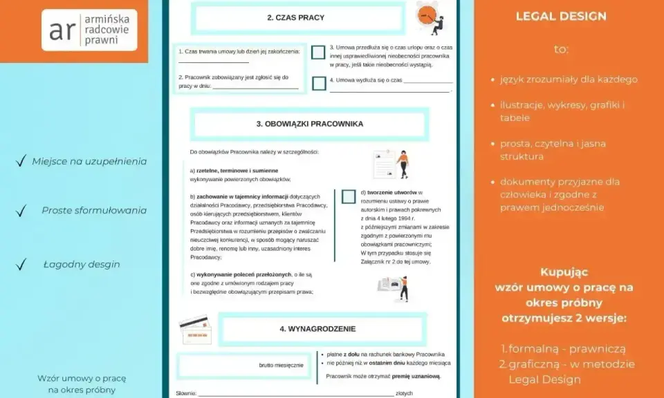 Wzór umowy o pracę z emerytem, wersja graficzna Legal Design. Proste sformułowania i przejrzysta struktura dokumentu.