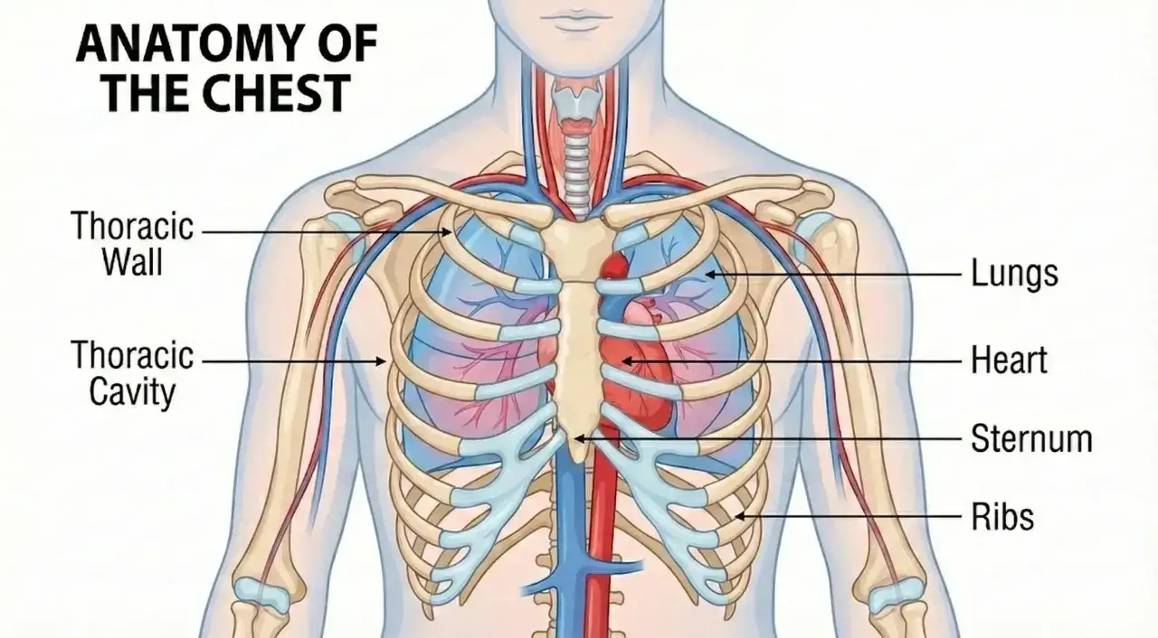 Anatomia klatki piersiowej: płuca, serce, mostek, żebra. Ból w klatce piersiowej przy głębokim wdechu może być związany z tymi strukturami.