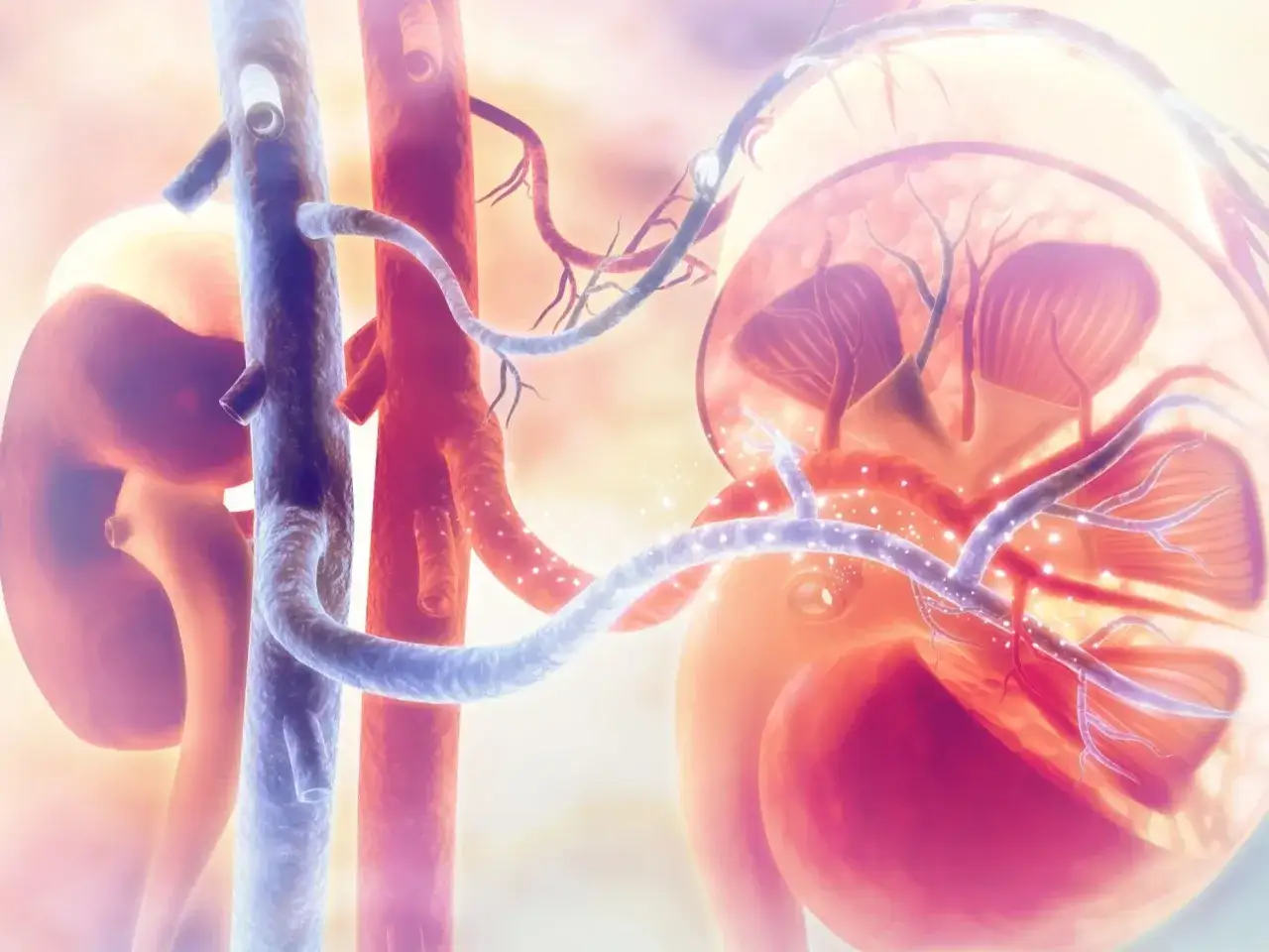 Anatomia nerek z naczyniami krwionośnymi. Wizualizacja pokazuje, jak pobudzić nerki do pracy, dbając o ich prawidłowe ukrwienie.