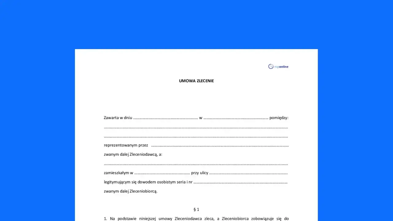 Formularz umowy zlecenia, gdzie emeryt może być zleceniobiorcą. Dokument zawiera pola do wypełnienia danych stron i szczeg&oacute;ł&oacute;w zlecenia.