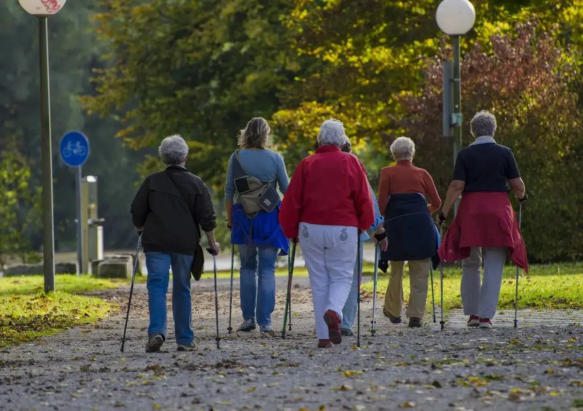 Grupa osób w średnim wieku i starszych, uprawiająca nordic walking na ścieżce w parku, otoczona jesienną zielenią.
