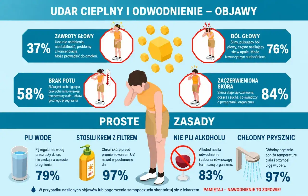 Objawy odwodnienia u starszej osoby: zawroty głowy, brak potu, ból głowy, zaczerwieniona skóra. Pij wodę, stosuj krem z filtrem, unikaj alkoholu, bierz chłodne prysznice.