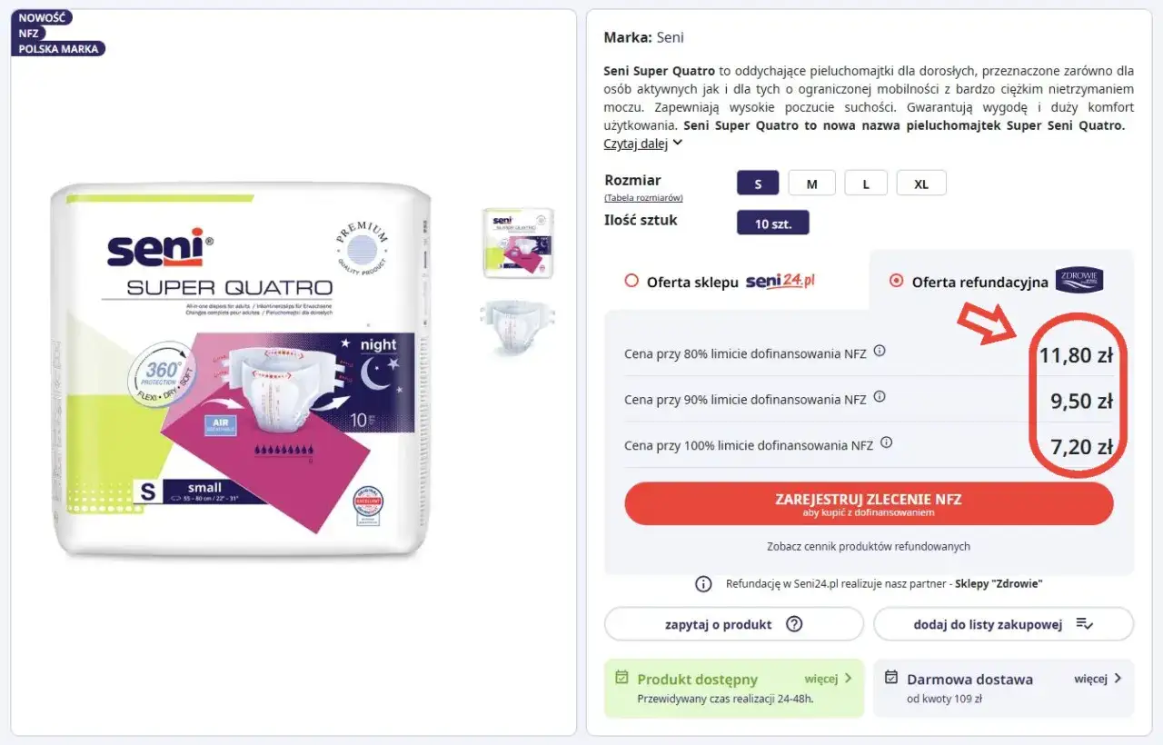 Pieluchomajtki Seni Super Quatro dla dorosłych z refundacją NFZ. Cena od 7,20 zł przy 100% dofinansowania dla osób ze znacznym stopniem niepełnosprawności.